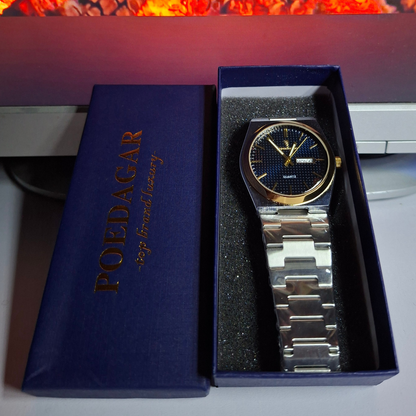 Reloj Hombre POEDAGAR 821 Bisel Dorado Carátula Azul Acero Inoxidable Luminiscente Broche Mariposa