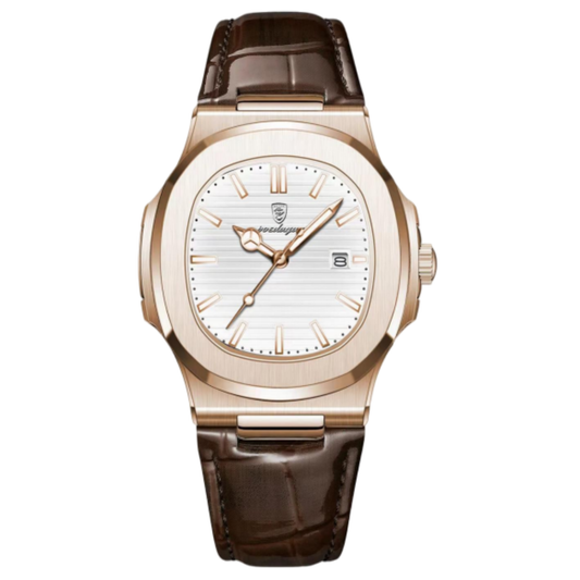 POEDAGAR 613 Reloj Hombre Oro Rosa Esfera Blanca | Nautilus Correa Cuero Marrón