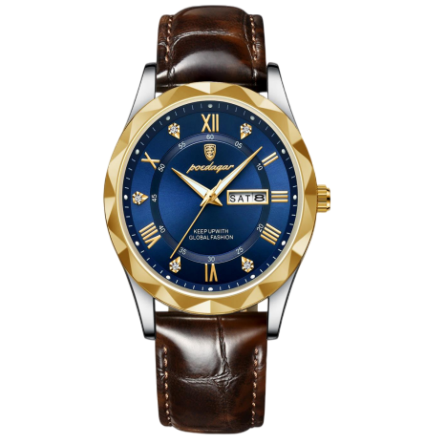 POEDAGAR 615 Reloj Hombre Bicolor Esfera Azul | Day-Date Correa Cuero Marrón