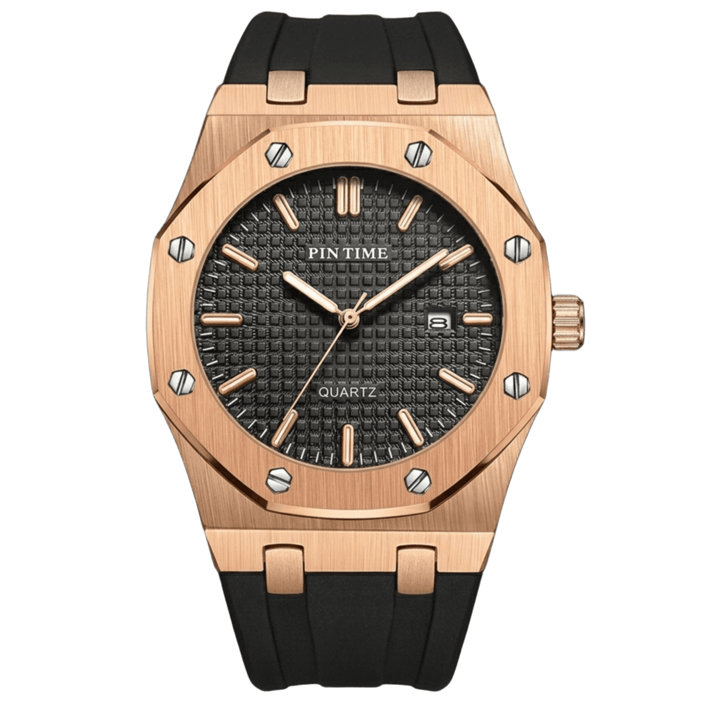 Reloj Hombre PIN TIME Rose Gold Correa Caucho Luminiscente Fecha 41mm