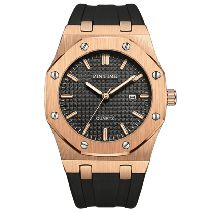 Reloj Hombre PIN TIME Rose Gold Correa Caucho Luminiscente Fecha 41mm