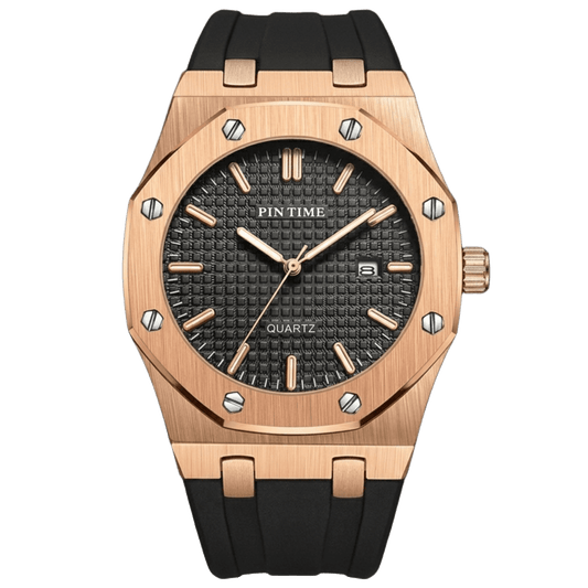 Reloj Hombre PIN TIME Rose Gold Correa Caucho Luminiscente Fecha 41mm