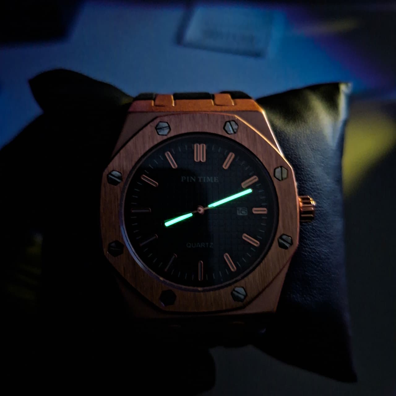 Reloj Hombre PIN TIME Rose Gold Correa Caucho Luminiscente Fecha 41mm