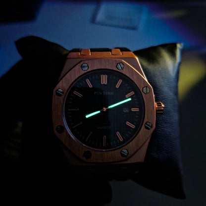 Reloj Hombre PIN TIME Rose Gold Correa Caucho Luminiscente Fecha 41mm