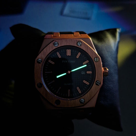 Reloj Hombre PIN TIME Rose Gold Correa Caucho Luminiscente Fecha 41mm