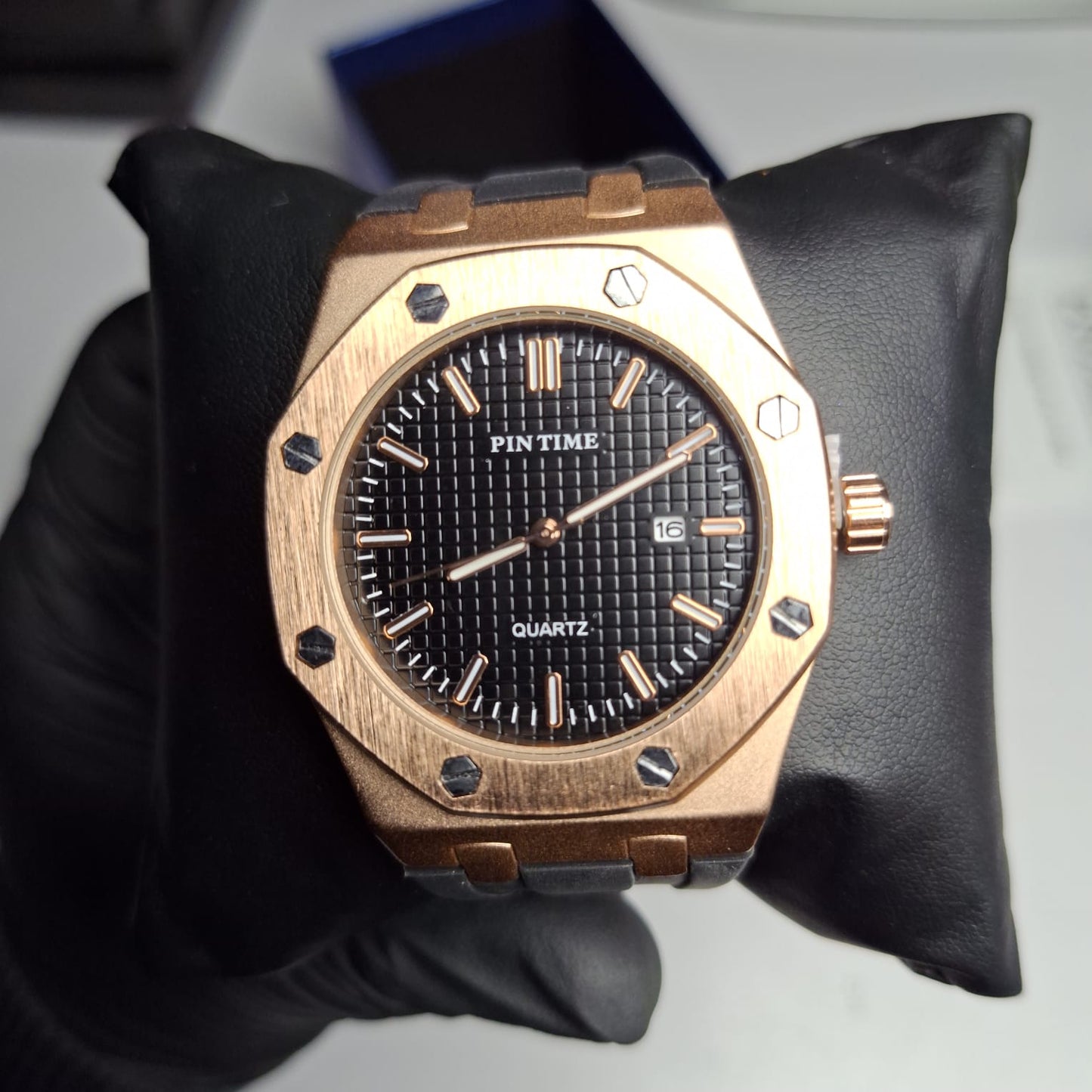Reloj Hombre PIN TIME Rose Gold Correa Caucho Luminiscente Fecha 41mm