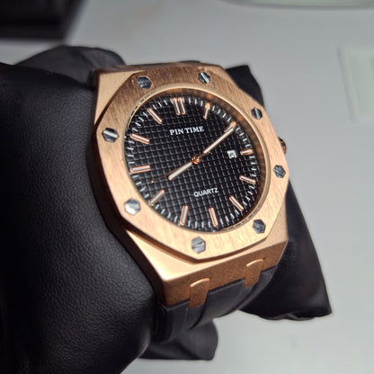 Reloj Hombre PIN TIME Rose Gold Correa Caucho Luminiscente Fecha 41mm