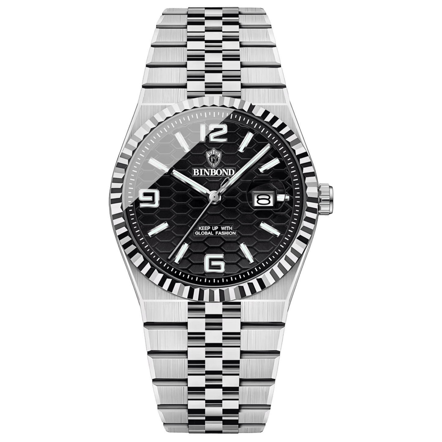 Reloj Hombre BINBOND 8181 Carátula Negra Acero Inoxidable Luminiscente Calendario