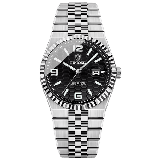 Reloj Hombre BINBOND 8181 Carátula Negra Acero Inoxidable Luminiscente Calendario
