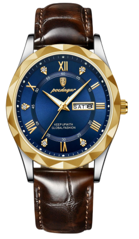 POEDAGAR 615 Reloj Hombre Bicolor Esfera Azul | Day-Date Correa Cuero Marrón